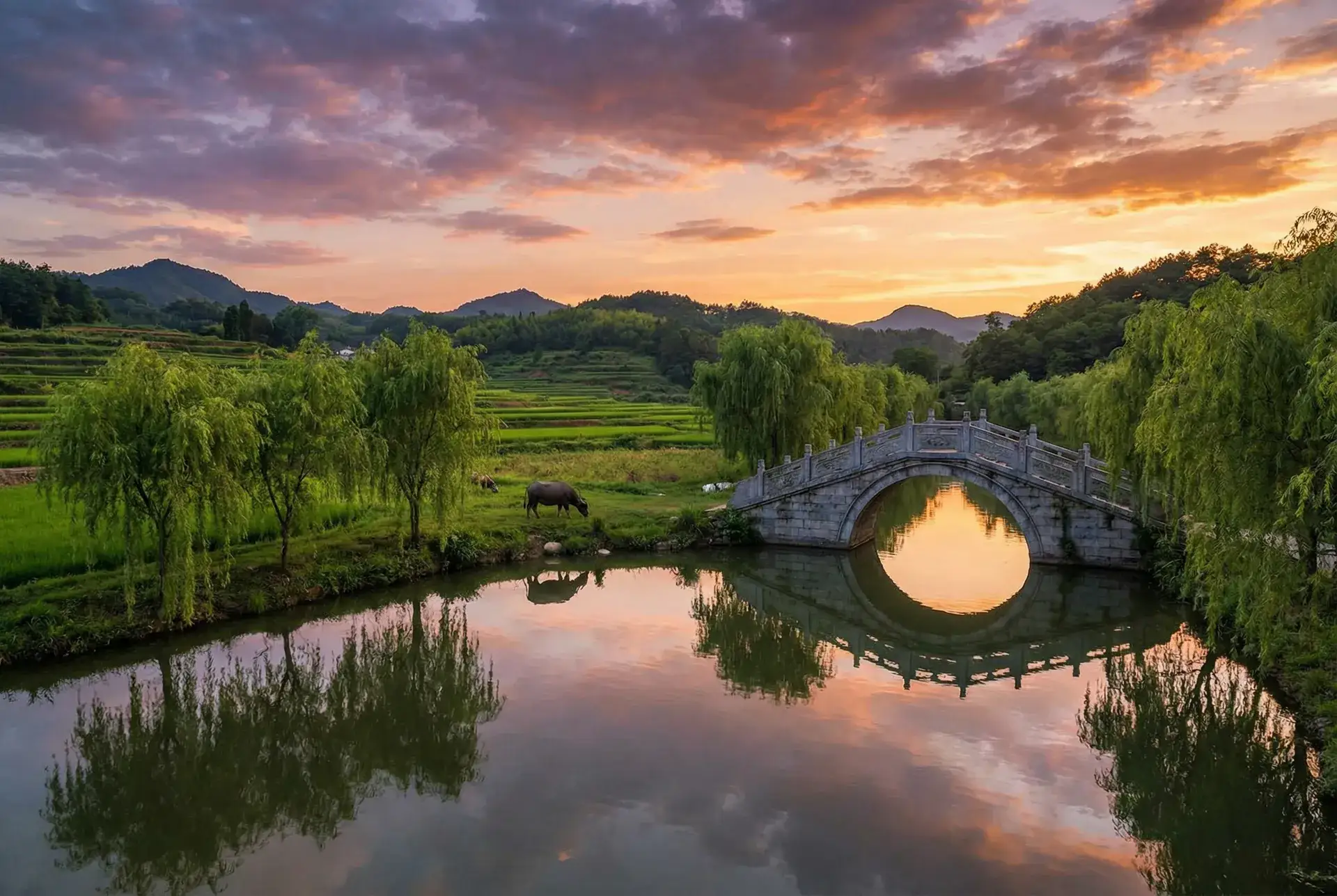 夕阳下的石拱桥与垂柳，水牛在河边吃草 - 2019理论中文字幕 乡村美景